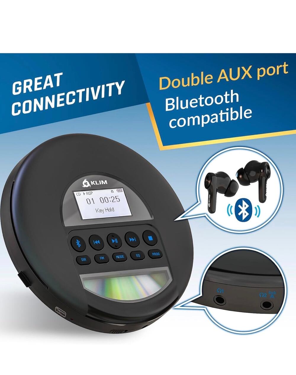 KLIM Nomad Portable CD Player Bluetooth FM Radio MP3 Black Blue New